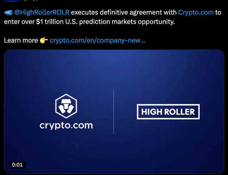 Crypto.com gets into Prediction Markets through High Roller