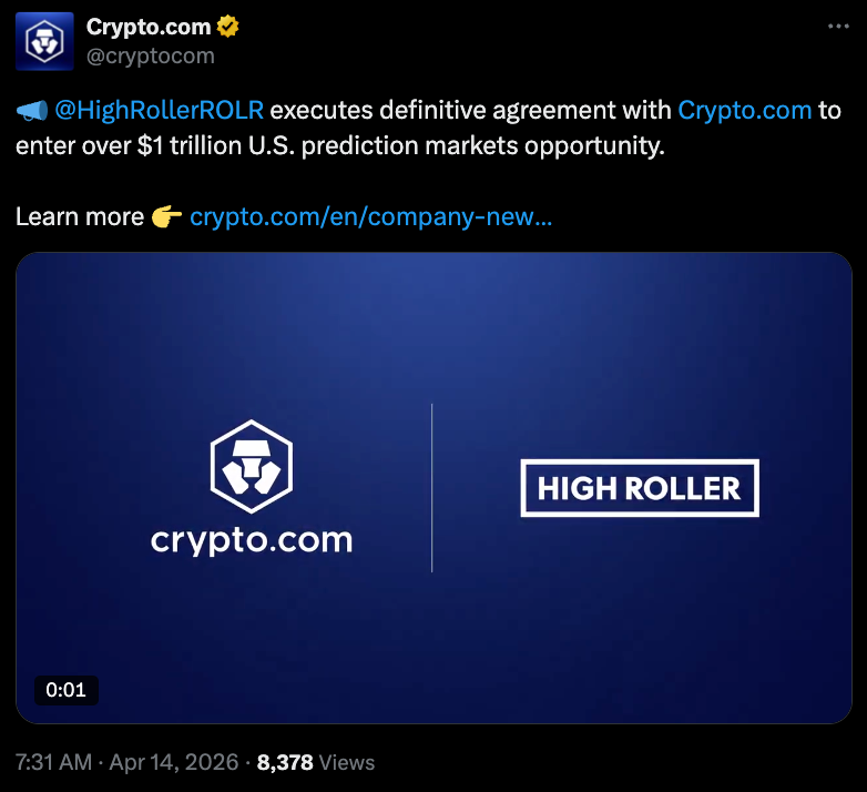 Crypto.com gets into Prediction Markets through High Roller