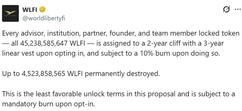 WLFI Proposes Vesting Plan for 62B Tokens With Conditional Burn