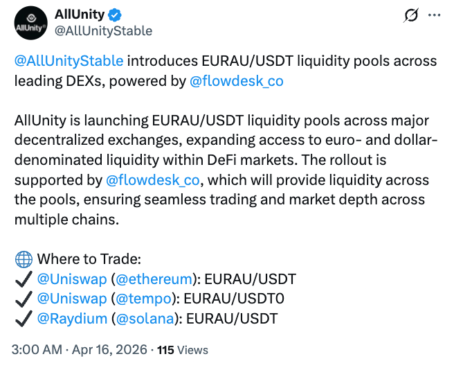 AllUnity Expands EURAU Stablecoin Into Uniswap DeFi Liquidity Pools