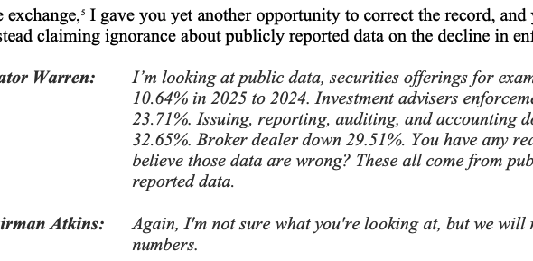 Warren Accuses SEC’s Paul Atkins of Misleading Congress