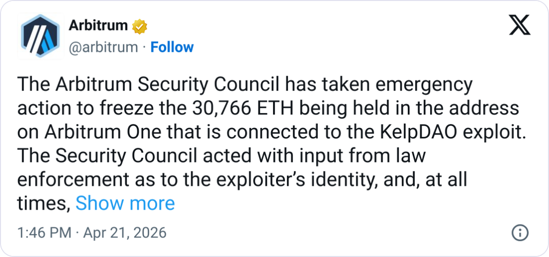 Arbitrum Freezes 30K ETH Tied to Kelp Hack