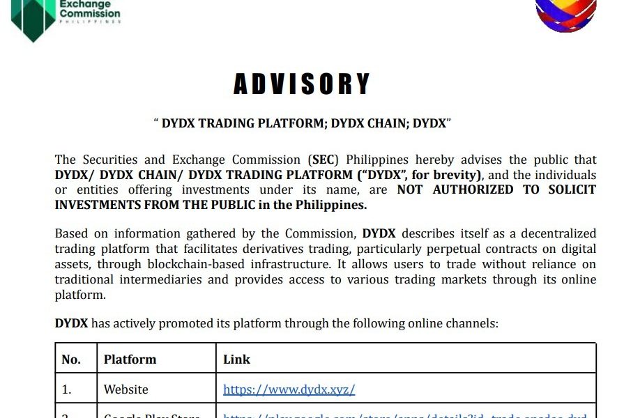 Philippine SEC Warns Against dYdX, Crypto Platforms
