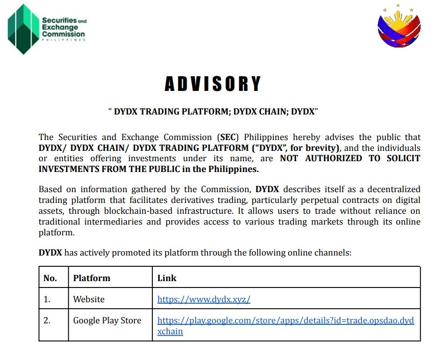 Philippine SEC Warns Against dYdX, Crypto Platforms