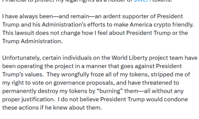 Tron founder Justin Sun Sues World Liberty Over Token Freeze