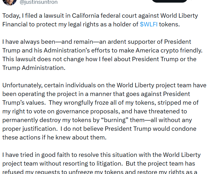 Tron founder Justin Sun Sues World Liberty Over Token Freeze