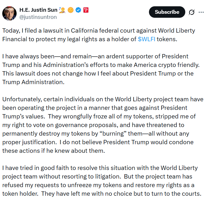 Tron founder Justin Sun Sues World Liberty Over Token Freeze