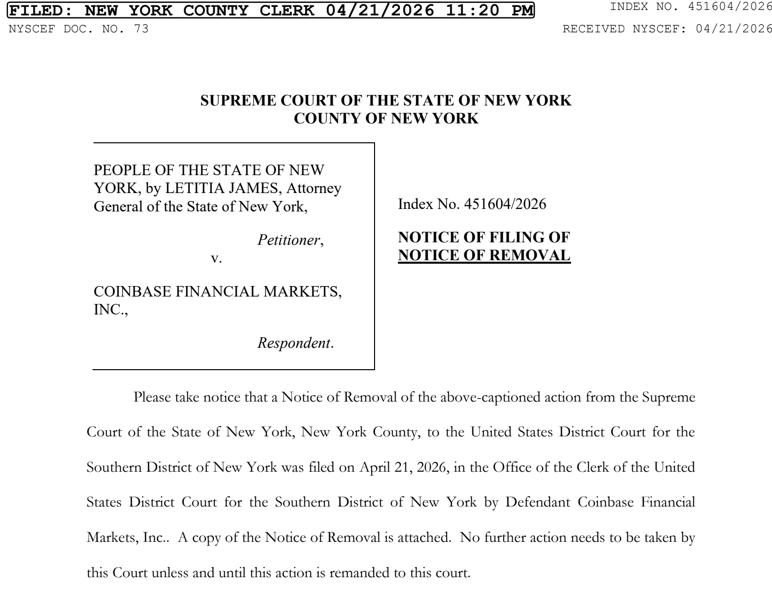 Coinbase Shifts NY Prediction Markets Case to Federal Court