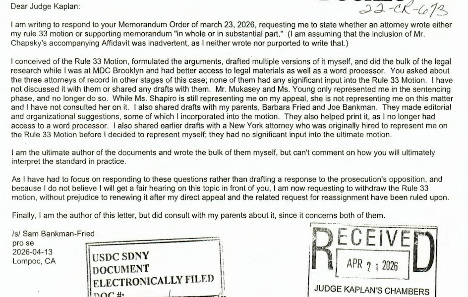 Ex-FTX CEO Withdraws Motion for a New Trial, Still Asks for New Judge
