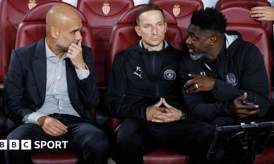 Coach of Manchester City Pep Guardiola, assistant-coaches Pepijn Lijnders and Kolo Toure during the UEFA Champions League 2025/26 League Phase MD2 football match between AS Monaco