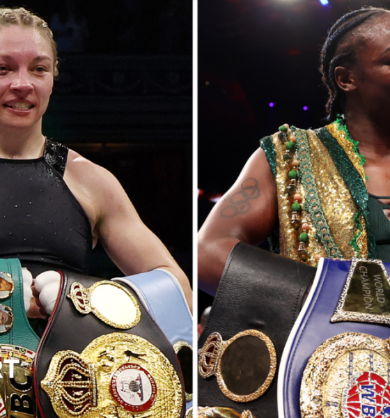 Split image of Lauren Price with her world titles and Deontay Wilder and Derek Chisora facing off