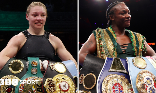 Split image of Lauren Price with her world titles and Deontay Wilder and Derek Chisora facing off