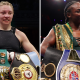 Split image of Lauren Price with her world titles and Deontay Wilder and Derek Chisora facing off