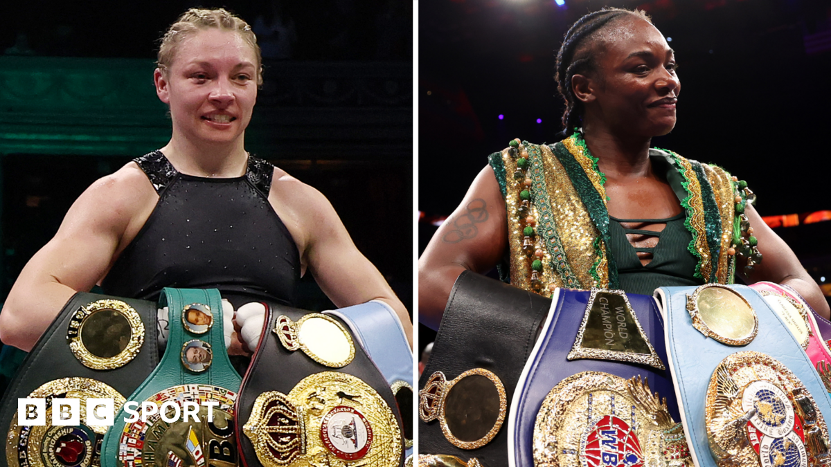 Split image of Lauren Price with her world titles and Deontay Wilder and Derek Chisora facing off