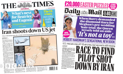 'Iran shoots down US jet' and 'race to find pilot'