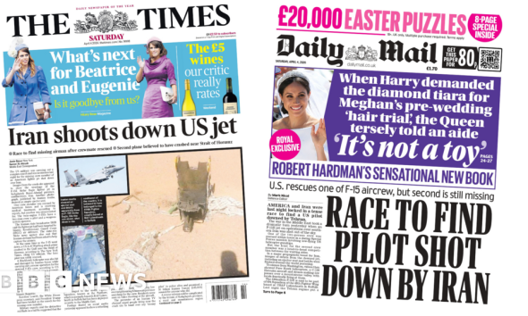 'Iran shoots down US jet' and 'race to find pilot'