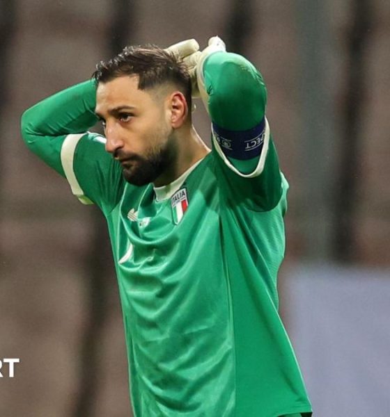 Gianluigi Donnarumma reacts with disappointment after Italy fail to make the 2026 World Cup