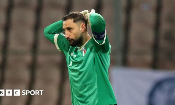 Gianluigi Donnarumma reacts with disappointment after Italy fail to make the 2026 World Cup