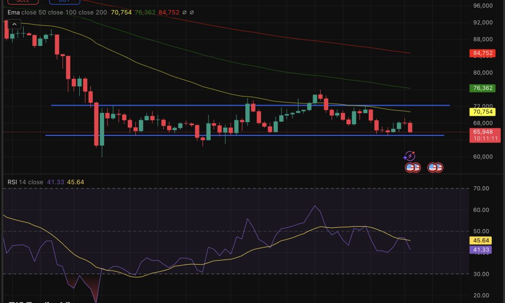BTC USD price just fell down -3.5% in the last 24 hours, eyeing a drop toward the $64,000 critical level if current levels fail to hold.