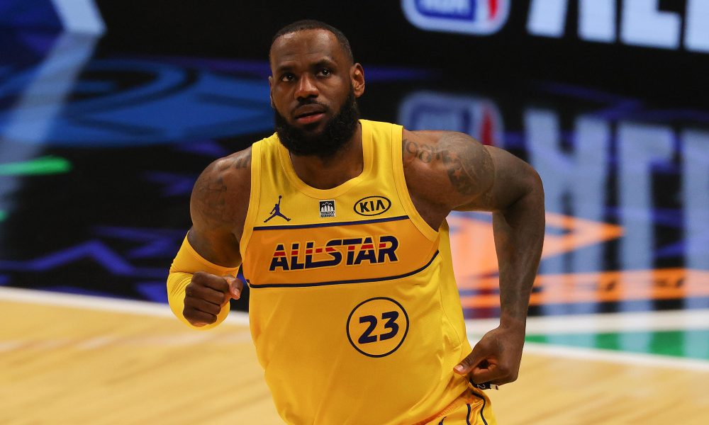 Lebron James #23 of Team LeBron reacts against Team Durant in the 70th NBA All-Star Game at State Farm Arena on March 07, 2021 in Atlanta, Georgia.