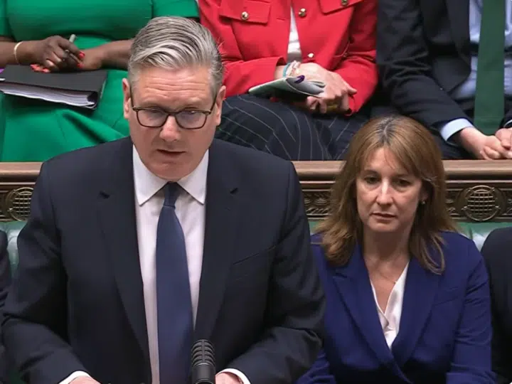 Keir Starmer stands to speak at PMQs on 22 April 2026