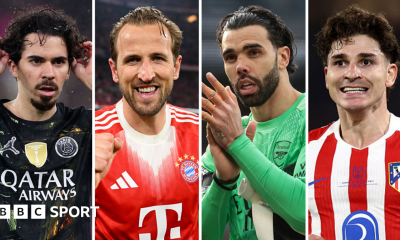 Graphic of Vitinha, Harry Kane, David Raya and Julian Alvarez