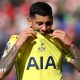 Tottenham's Cristian Romero bites his shirt as he is substituted in their Premier League game against Sunderland