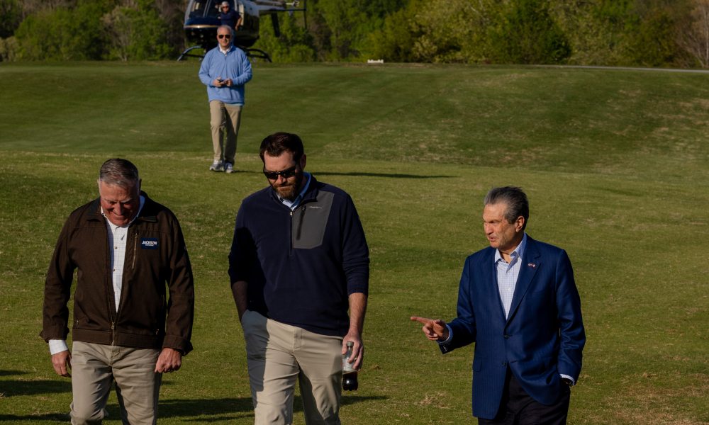Jackson arrived by private helicopter at the Chimney Oaks Golf Club in Homer for a campaign event on April 8.