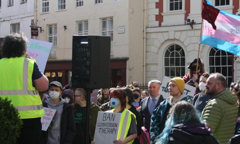 Trans rights activists gather in St Helen's Square, York