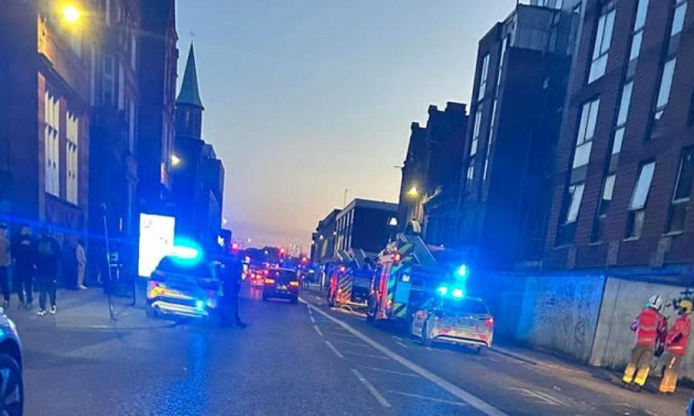 Roof fire on corner of Great Moor Street and Bradshawgate