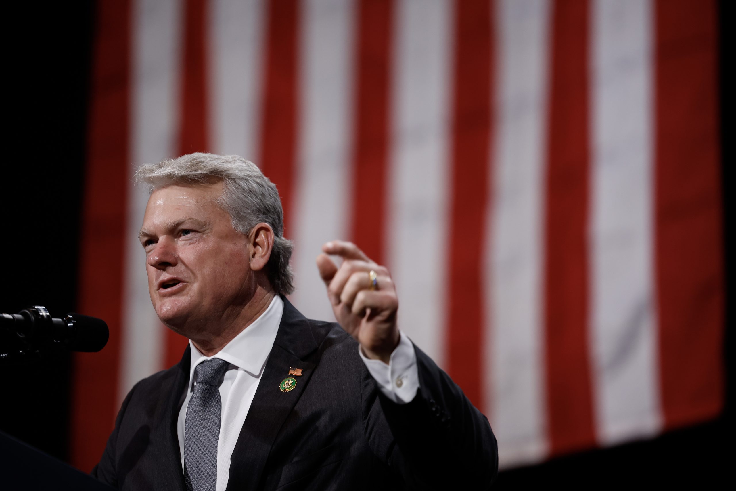 ATLANTA, GEORGIA - OCTOBER 15: Rep. Mike Collins (R-GA) speaks before Republican presidential nominee, former U.S. President Donald Trump during a campaign rally at the Cobb Energy Performing Arts Centre on October 15, 2024 in Atlanta, Georgia. With early voting starting today in Georgia both Trump and Democratic presidential nominee, Vice President Kamala Harris are campaigning in the Atlanta region this week as polls show a tight race. (Photo by Kevin Dietsch/Getty Images)