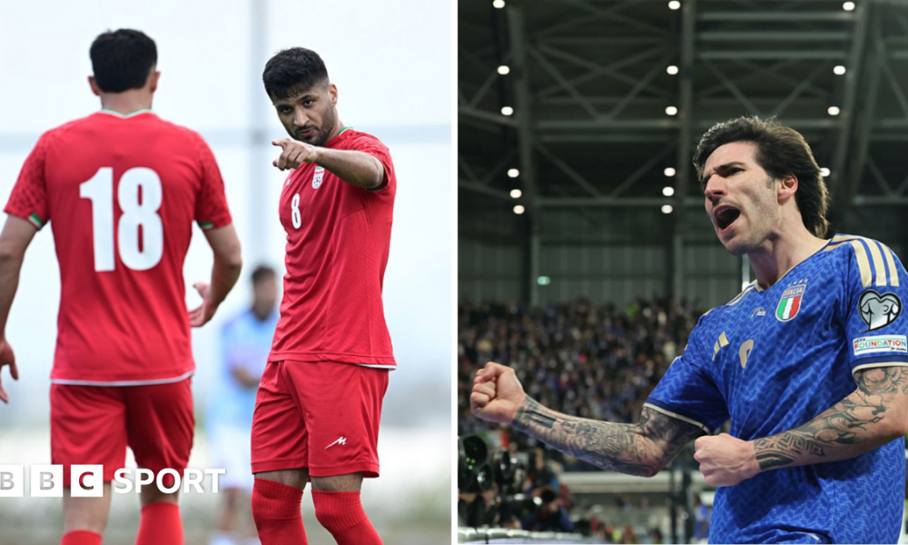 Graphic showing two photos of Mohammed Mohebbi of Iran celebrating and Sandro Tonali of Italy celebrating