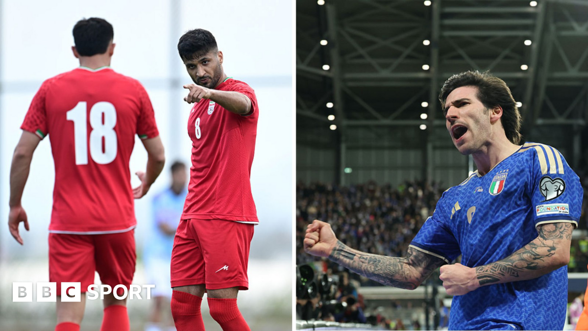 Graphic showing two photos of Mohammed Mohebbi of Iran celebrating and Sandro Tonali of Italy celebrating