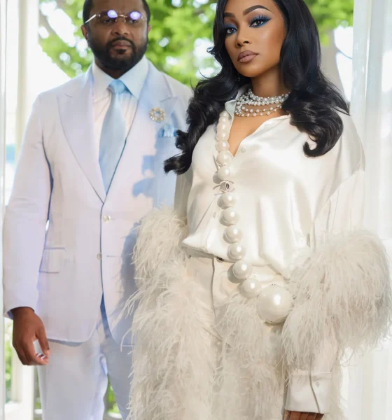4 Monica Steps Out With Husband Anthony Ant Wilson At Brandys Hollywood Walk Of Fame Ceremony In Ivory Feathered LaPointe Silk Blouse And Coordinating Trousers