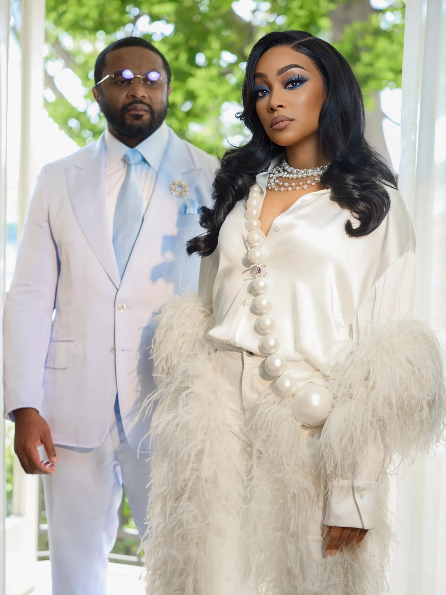 4 Monica Steps Out With Husband Anthony Ant Wilson At Brandys Hollywood Walk Of Fame Ceremony In Ivory Feathered LaPointe Silk Blouse And Coordinating Trousers