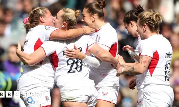 England's Marlie Packer (second left) celebrates scoring their side's ninth try of the game during the Guinness Women's Six Nations 2026 match at Scottish Gas Murrayfield Stadium, Edinburgh