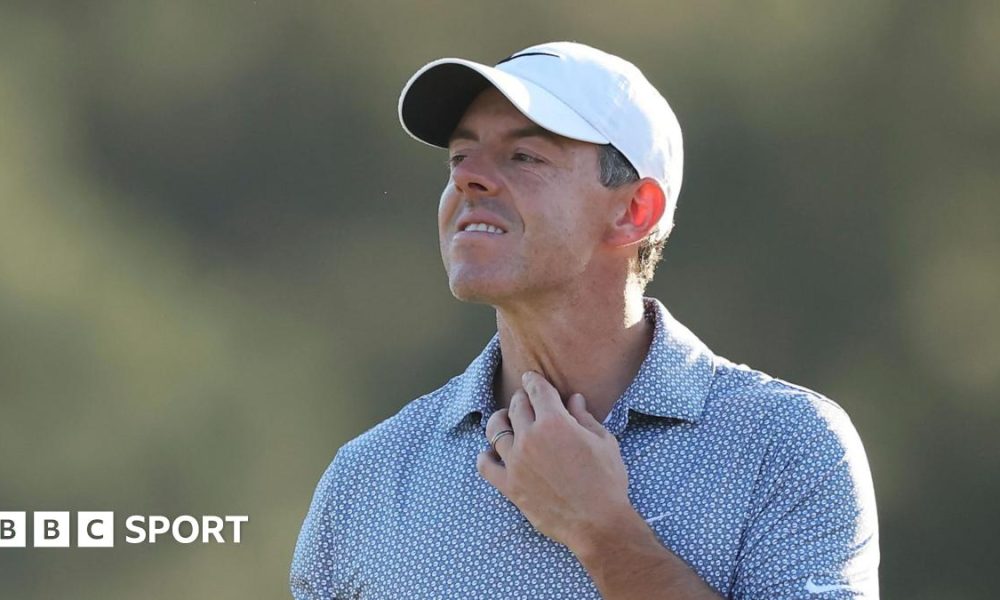 Rory McIlroy reacts during the 2026 Masters