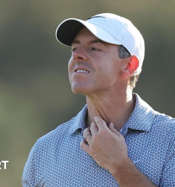 Rory McIlroy reacts during the 2026 Masters