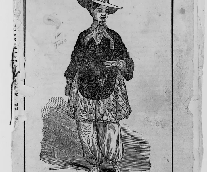 An illustration from 1851 that shows a woman wearing "bloomers" — named after Amelia Jenks Bloomer, a women's rights proponent who did not invent the costume but advocated for it as a more comfortable and practical style of clothing for women.