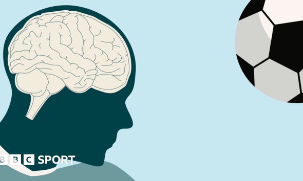 Graphic of a white brain inside the dark blue silhouette of a human head, with a black and white football in the top right corner
