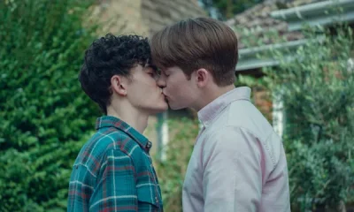 Joe Locke and Kit Connor share a kiss as Charlie and Nick in Heartstopper