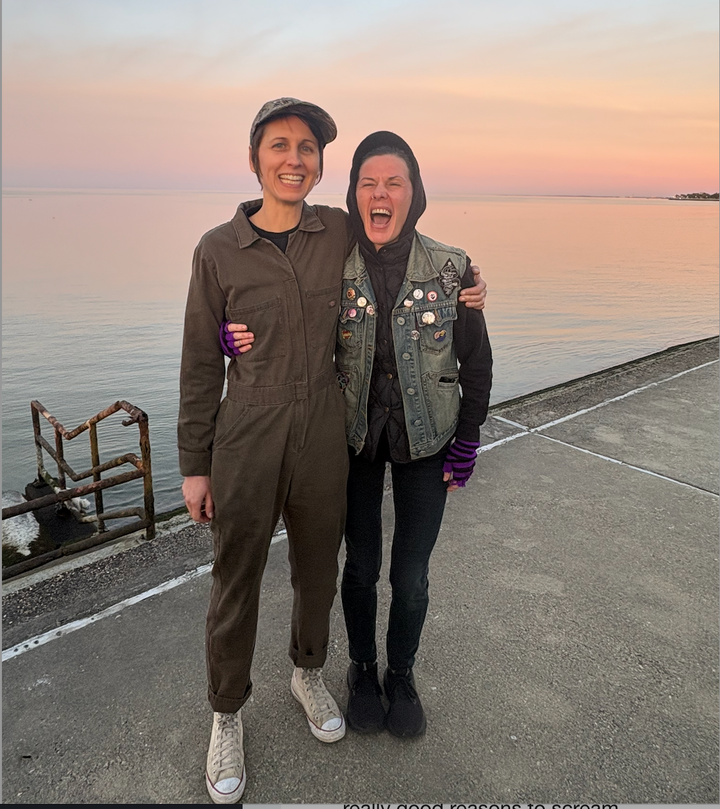 Author Tracey Anne Duncan screaming with friend.