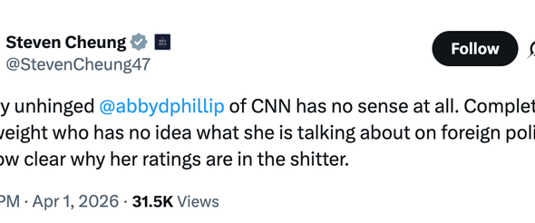 White House Communications Director Steven Cheung reacts to Abby Phillip's comments on "CNN NewsNight" in a post on Wednesday.
