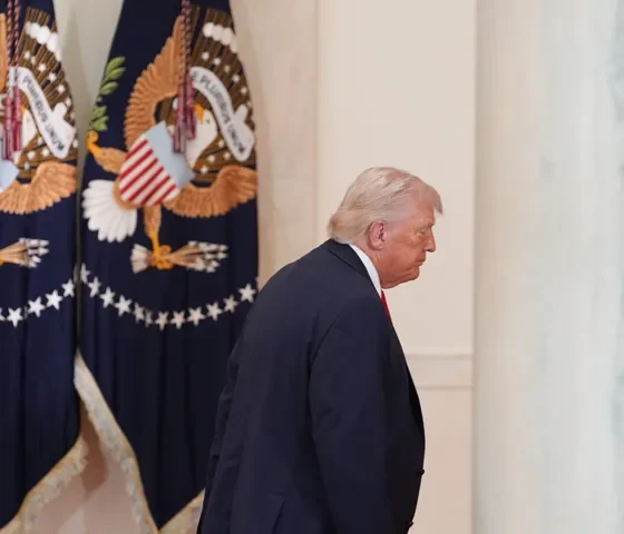 President Donald Trump departs following a prime-time address to the nation on the Iran War that did little to ease concerns about skyrocketing oil prices or when the war would end.