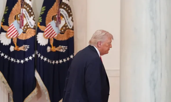 President Donald Trump departs following a prime-time address to the nation on the Iran War that did little to ease concerns about skyrocketing oil prices or when the war would end.
