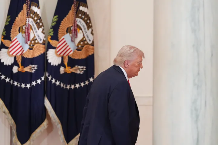 President Donald Trump departs following a prime-time address to the nation on the Iran War that did little to ease concerns about skyrocketing oil prices or when the war would end.