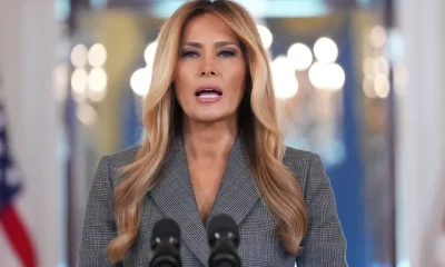 First Lady Melania Trump speaks to reporters on April 9, 2026, in the Grand Foyer of the White House in Washington.