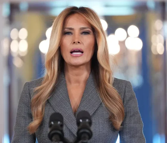 First Lady Melania Trump speaks to reporters on April 9, 2026, in the Grand Foyer of the White House in Washington.