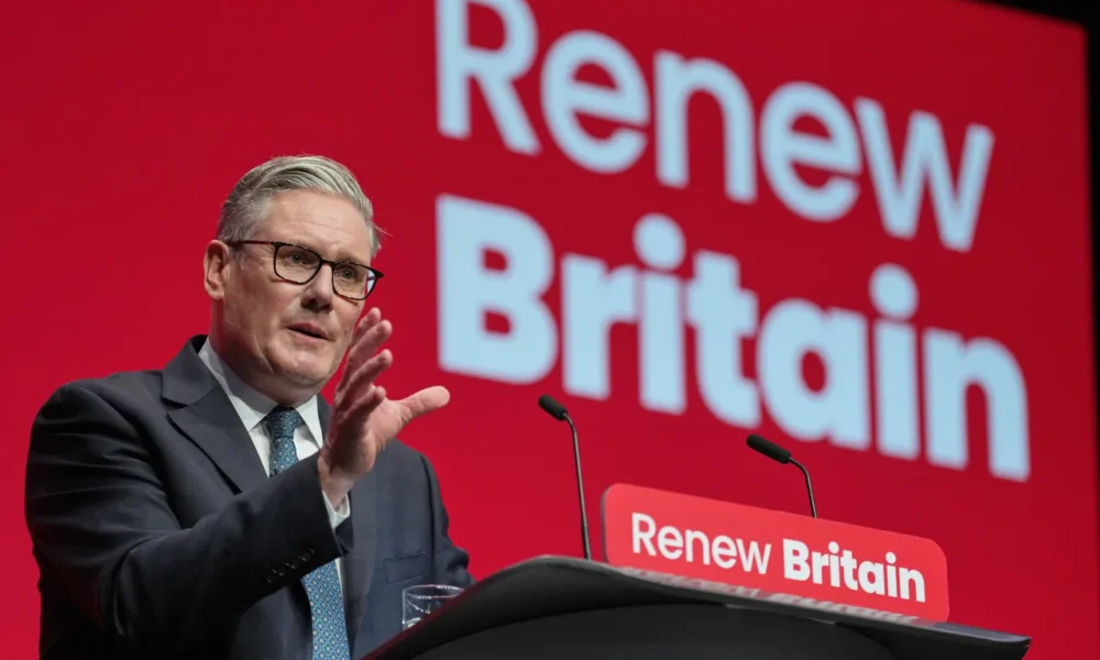 Britain's Prime Minister Keir Starmer gestures as he gives his keynote speech at the annual Labour Party conference in Liverpool, England, Tuesday, Sept. 30, 2025.