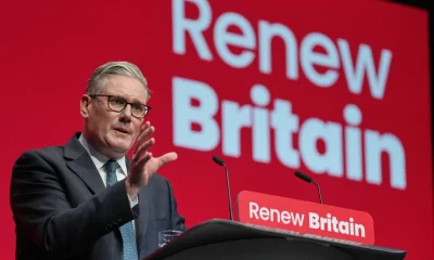 Britain's Prime Minister Keir Starmer gestures as he gives his keynote speech at the annual Labour Party conference in Liverpool, England, Tuesday, Sept. 30, 2025.